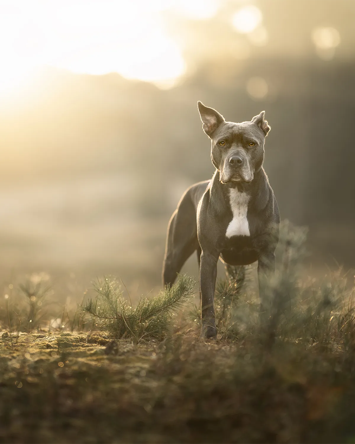 Grauer Hund im Gegenlicht auf einer Heidefläche